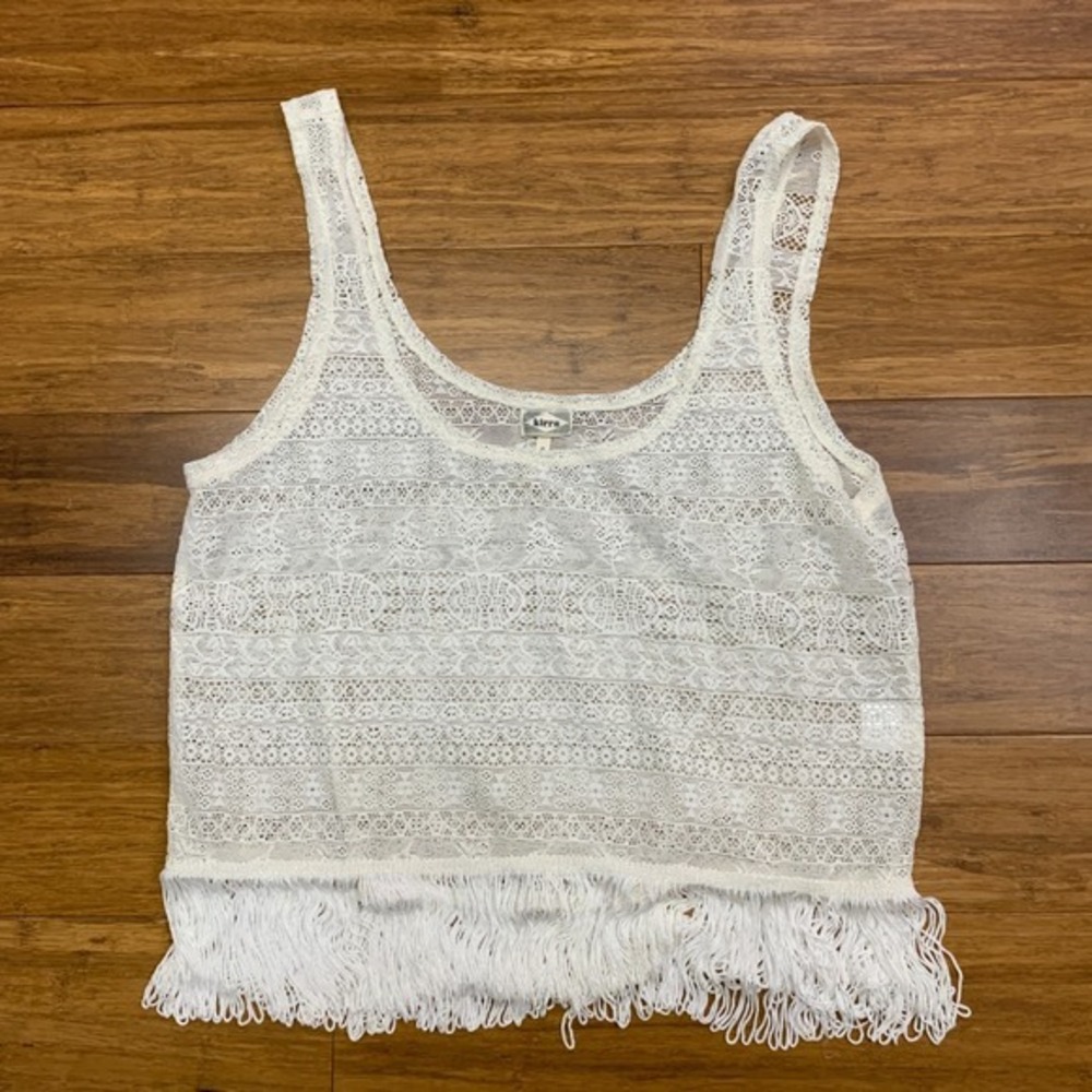 Kirra Lace Fringe Tank Top Womens Small Ivory White Sleeveless Crochet Festival